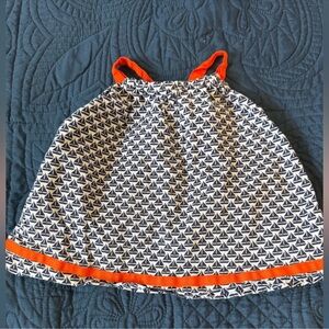 Janie and Jack Navy and White Sailboat Print Dress with Orange Trim
